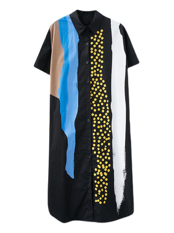 xakxx Artistic Retro Short Sleeves Loose Contrast Color Polka-Dot Lapel Collar Midi Shirt Dress