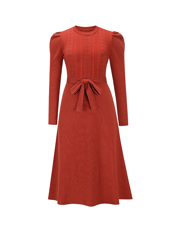 xakxx High Waisted Long Sleeves Solid Color Tied Waist Round-Neck Midi Dresses Sweater Dresses