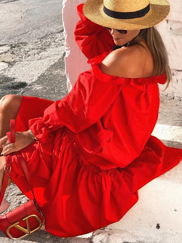 xakxx Loose Irregularity Falbala Solid Color Off-The-Shoulder Midi Dresses
