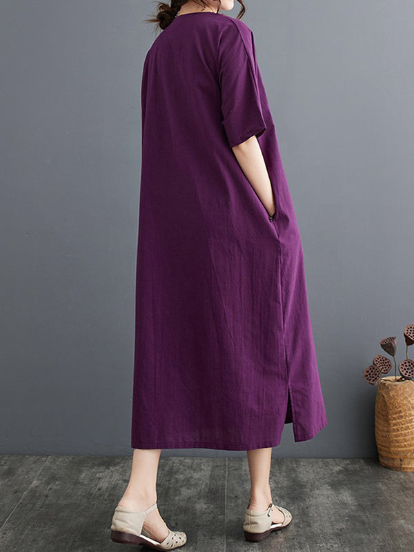xakxx A-Line Loose Chinese Frog Buttons Pockets Solid Color Split-Side V-Neck Midi Dresses