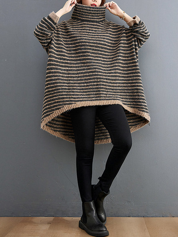 xakxx xakxx-Loose Striped High-Low Heaps Collar Long Sleeves Knitwear