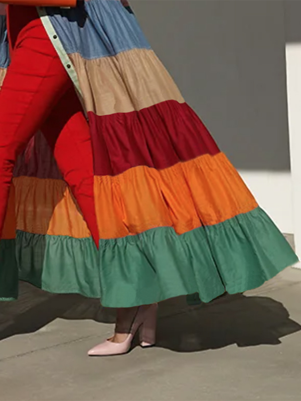 xakxx Long Sleeves Loose Buttoned Contrast Color Striped Stand Collar Maxi Dresses Outerwear