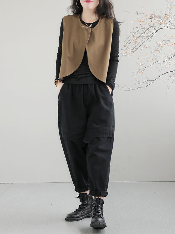 xakxx Artistic Retro Loose Sleeveless Solid Color Round-Neck Vest Outerwear