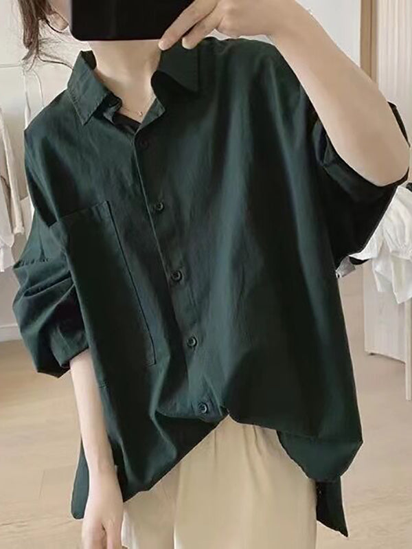xakxx Casual Long Sleeves Loose Buttoned Solid Color Lapel Collar Blouses&Shirts Tops