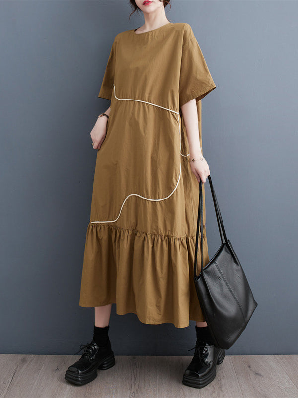 xakxx Loose Short Sleeves Pleated Split-Joint Round-Neck Midi Dresses
