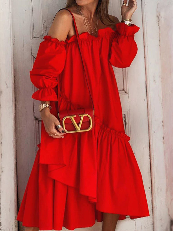 xakxx Loose Irregularity Falbala Solid Color Off-The-Shoulder Midi Dresses