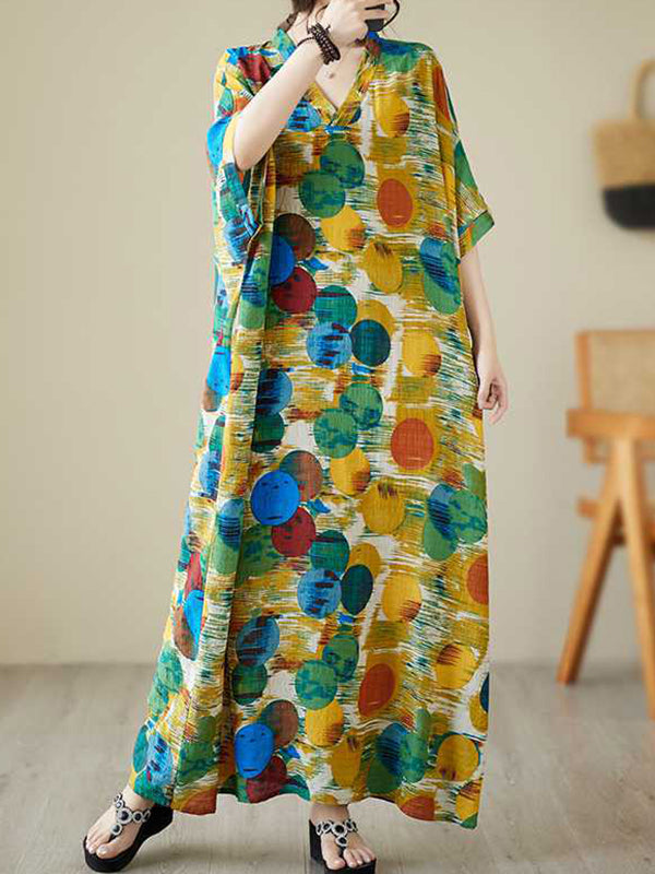 xakxx Batwing Sleeves Half Sleeves Contrast Color Polka-Dot V-Neck Maxi Dresses