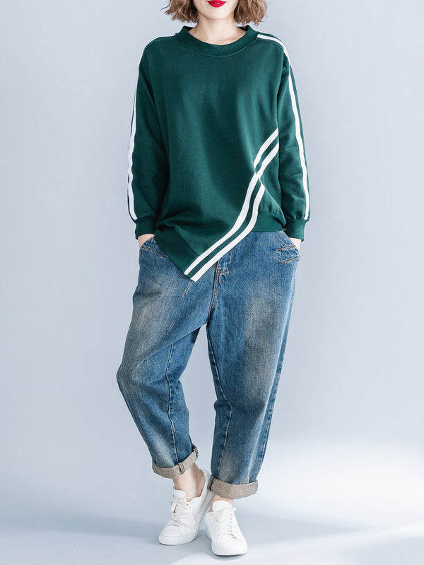xakxx Cropped Long Sleeves Striped Round-Neck Hoodies&Sweatshirt