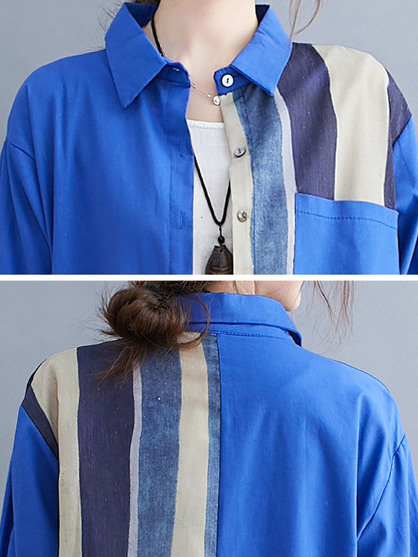xakxx Original Buttoned Contrast Color Split-Joint Long Sleeves Lapel Blouse