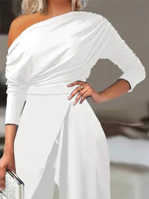 xakxx Solid Color One-Shoulder Long Sleeves T-Shirt + High-Waisted Wide Leg Pants Trousers Two Pieces Set