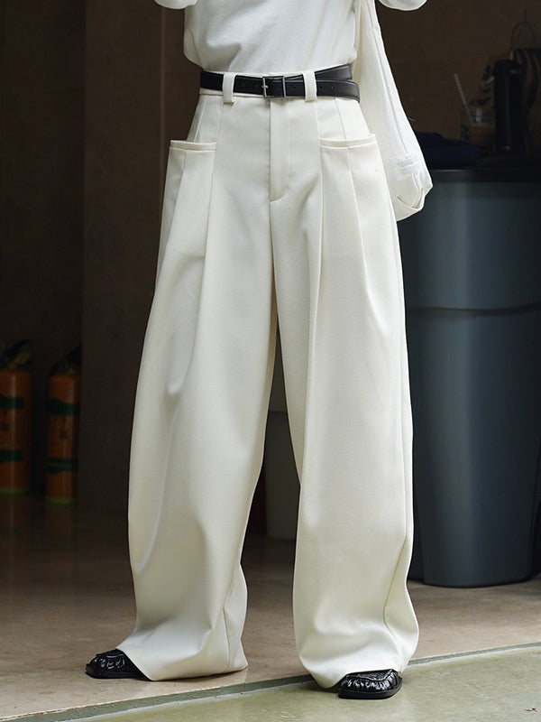 xakxx Loose Pleated Solid Color Wide Leg Pants Bottoms