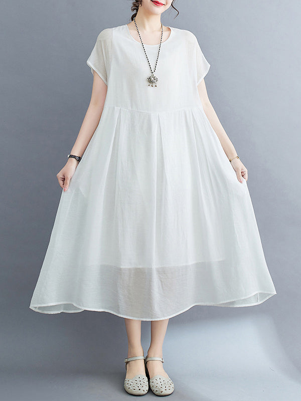 xakxx Loose Short Sleeves Solid Color Split-Joint Round-Neck Midi Dresses