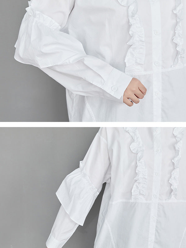 xakxx Casual Loose Long Sleeves Buttoned Ruffled Solid Color Lapel Collar Blouses&Shirts Tops