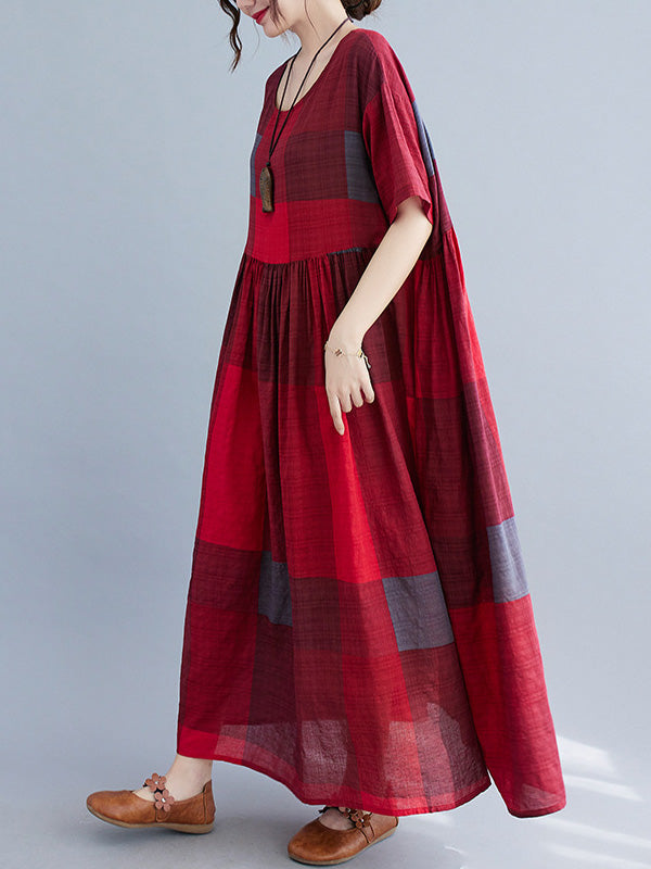 xakxx Artistic Retro Loose Color-Block Pleated Round-Neck Half Sleeves Midi Dress
