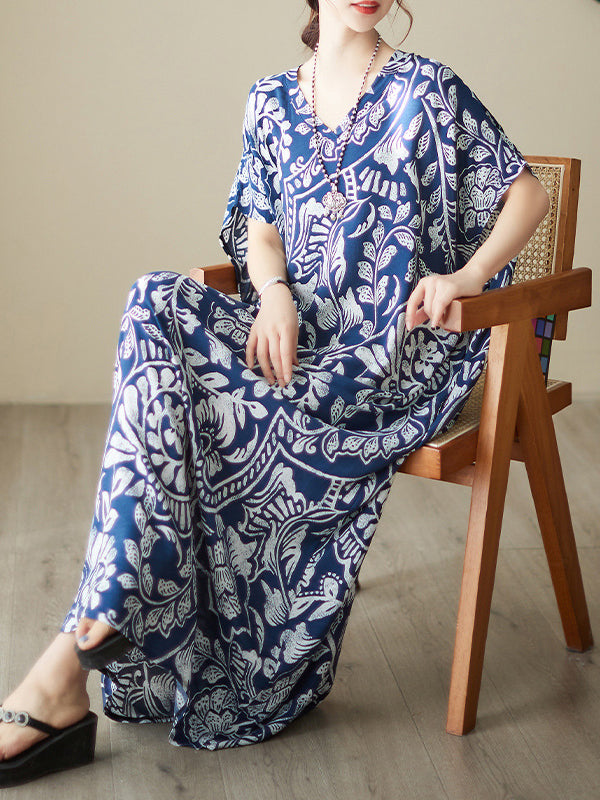 xakxx Loose Short Sleeves Printed V-Neck Maxi Dresses