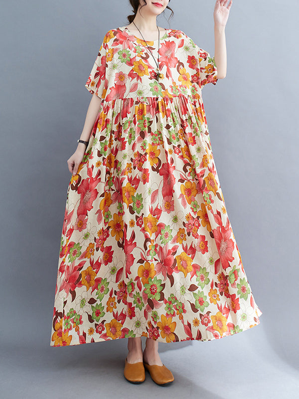 xakxx Loose Short Sleeves Pleated Printed Split-Joint Round-Neck Midi Dresses