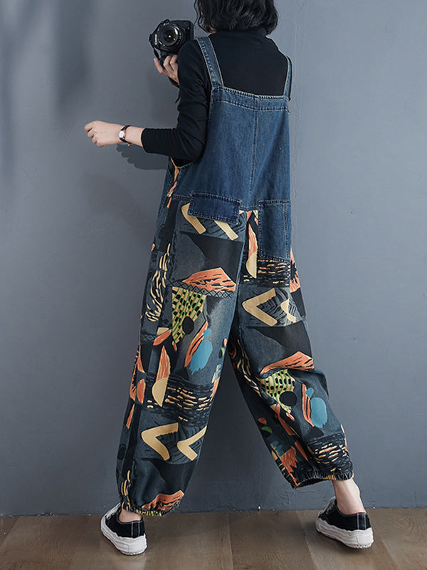 xakxx Original Cartoon Printed With Pocket Harem Denim Overalls