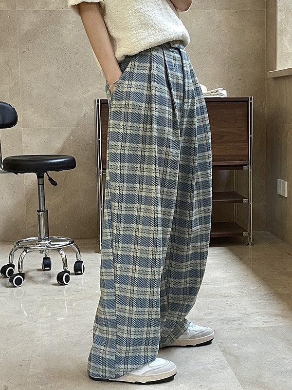 xakxx Vintage Wide Leg High-Waisted Pleated Plaid Pants