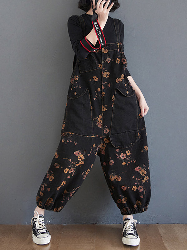xakxx Original Floral With Pocket Harem Denim Overalls