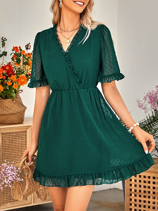 xakxx A-Line Loose Jacquard Ruffled Solid Color V-Neck Mini Dresses
