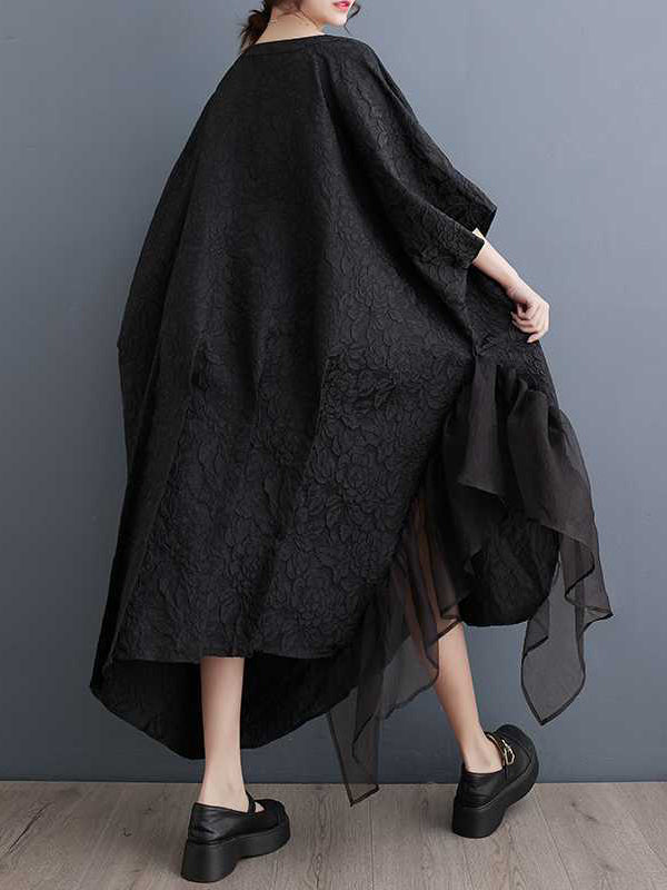 xakxx Batwing Sleeves Loose Asymmetric Flower Shape Gauze Jacquard Pleated Solid Color Split-Joint Round-Neck Midi Dresses