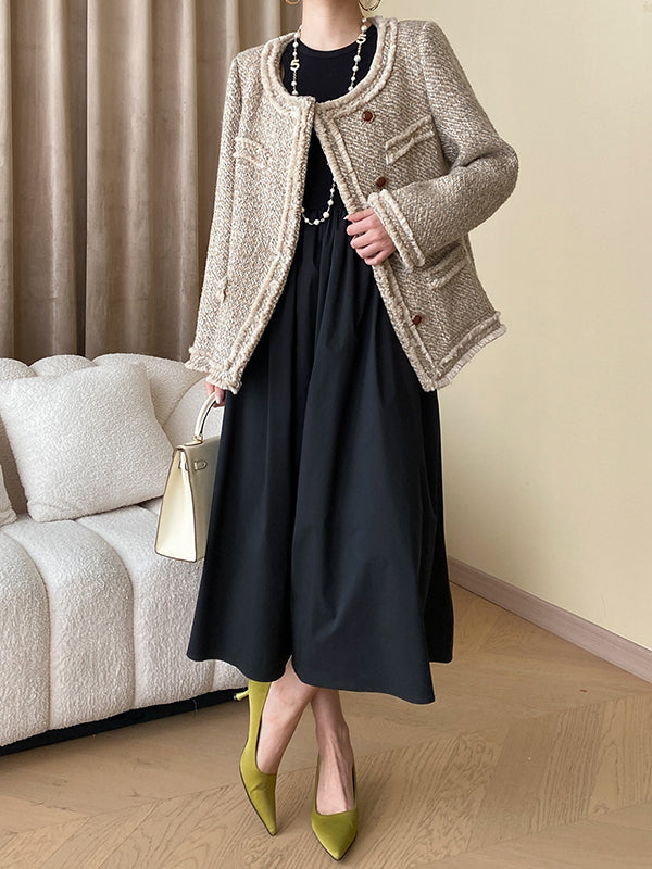 xakxx A-Line Long Sleeves Elasticity Hollow Solid Color Split-Joint Round-Neck Midi Dresses
