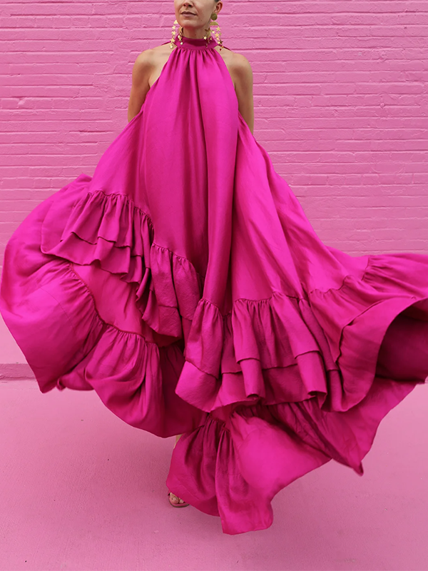 xakxx Loose Sleeveless Falbala Solid Color Stand Collar Maxi Dresses