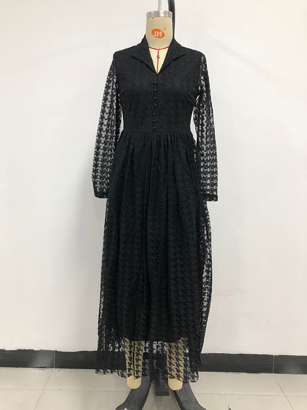 xakxx High Waisted Long Sleeves Buttoned Gauze See-Through Solid Color V-Neck Maxi Dresses