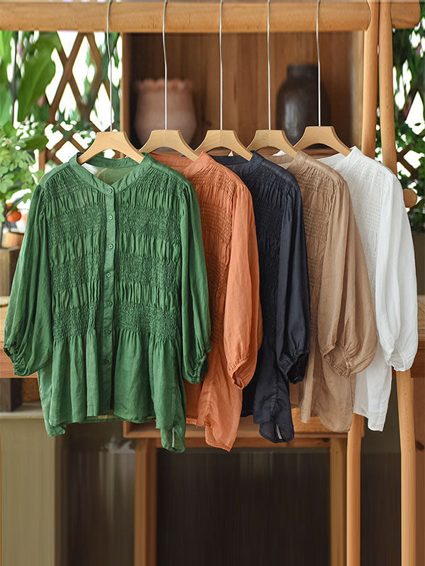 xakxx Loose Three-Quarter Sleeves Pleated Solid Color Split-Joint Stand Collar Blouses&Shirts Tops