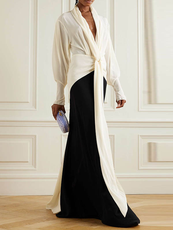 xakxx Long Sleeves Loose Contrast Color V-Neck Evening Dresses Maxi Dresses
