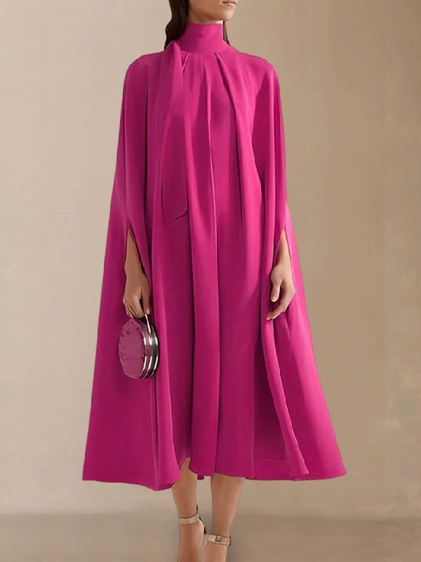 xakxx Simple Batwing Sleeves Lace-Up Solid Color High-Neck Midi Dresses