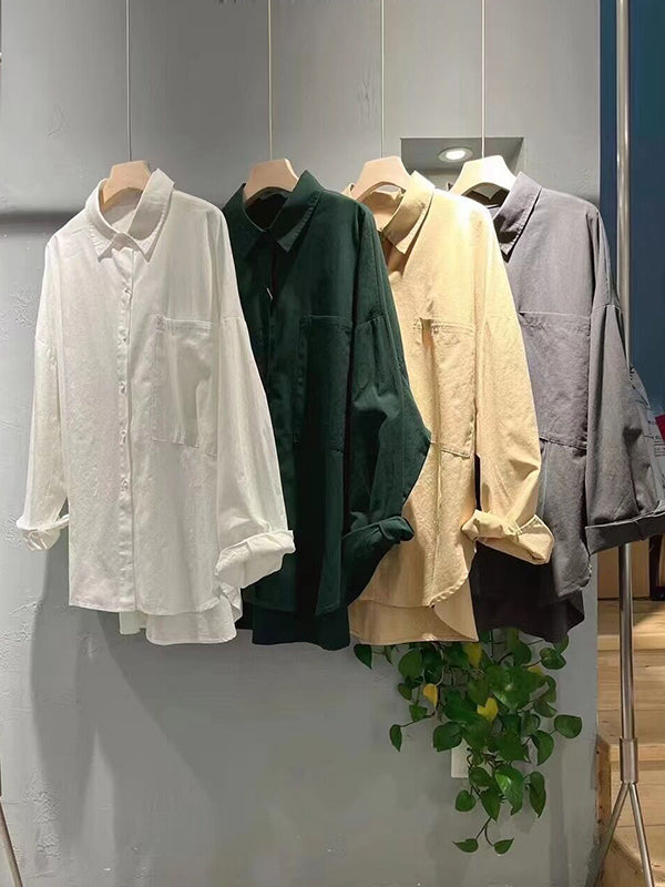xakxx Casual Long Sleeves Loose Buttoned Solid Color Lapel Collar Blouses&Shirts Tops