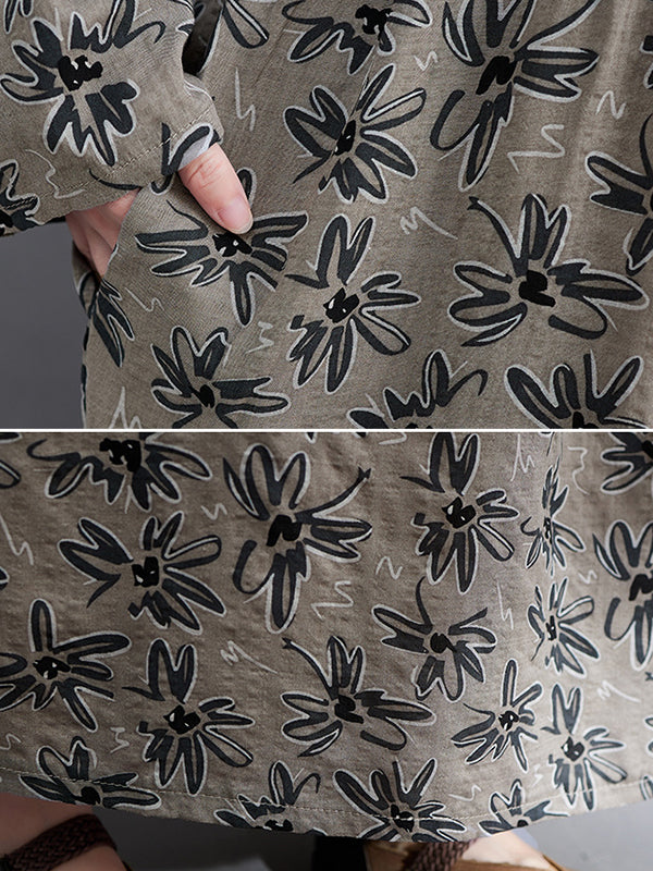 xakxx Artistic Retro Long Sleeves Loose Floral Printed Round-Neck Midi Dresses