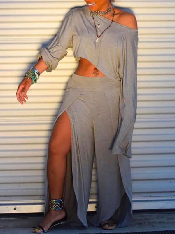 xakxx Solid Color Long Sleeves Round-Neck T-Shirt + Split-Side Wide Leg Pants Two Pieces Set