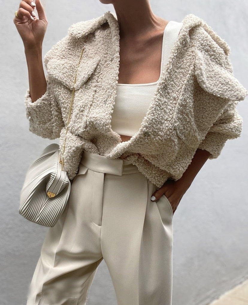 xakxx Winter New Fur Blend Coat Women Laple Loose Pocket Long Sleeve Warm Trick Fashion Coats Female