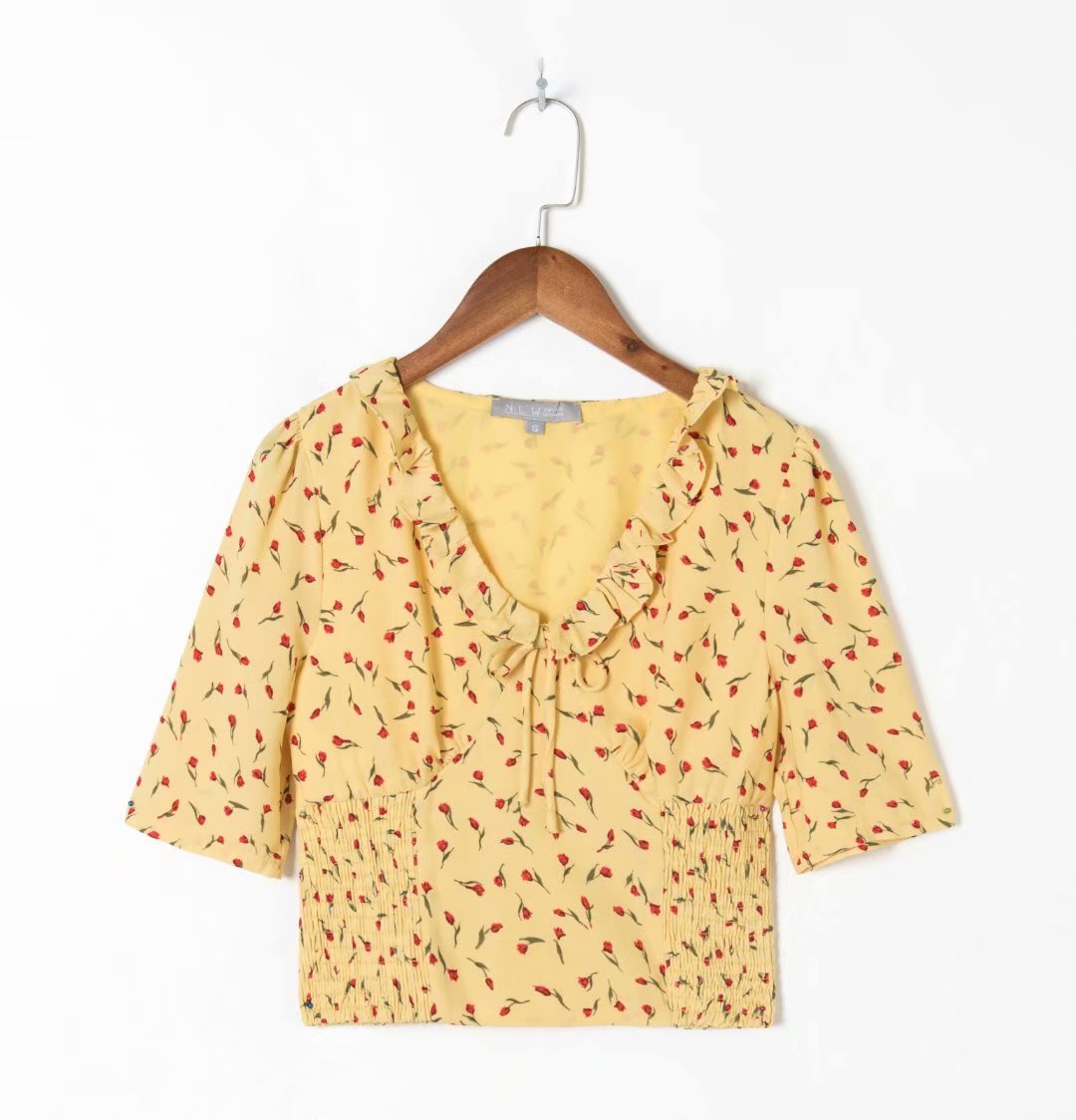 xakxx Ruffles Trim V-Neck Lace-Up Women Floral Blouse Ladies Spring Summer Short Sleeve Slim Pleated Short Shirt Tops