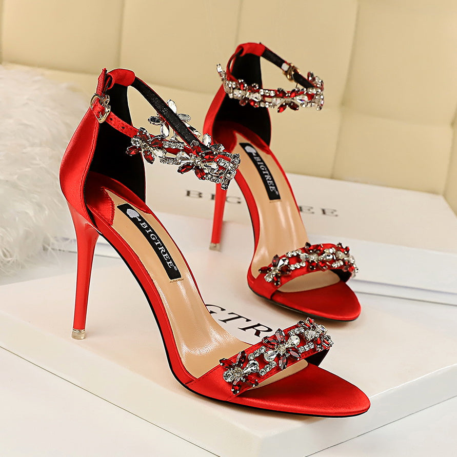 xakxx Women 9cm High Heels Crystal Sandals Wedding Bridal Stiletto Heels Sandles Glitter Prom Elegant Stripper Satin Strap Shoes