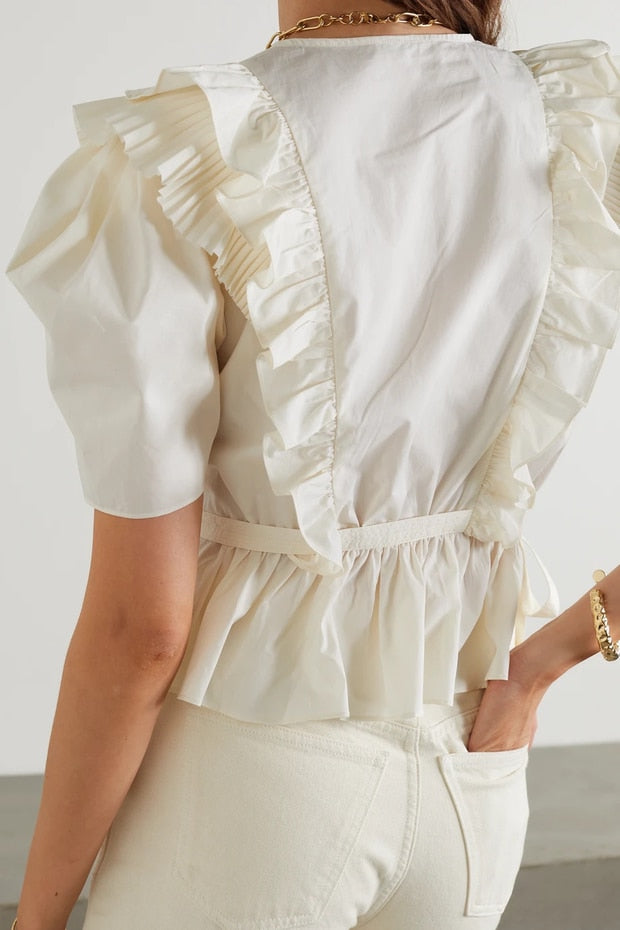 xakxx Women Tiered Ruffles Crop Top Blouse Summer Loose Beige Sweet Slim Short Shirt Drawstring Peplum Top