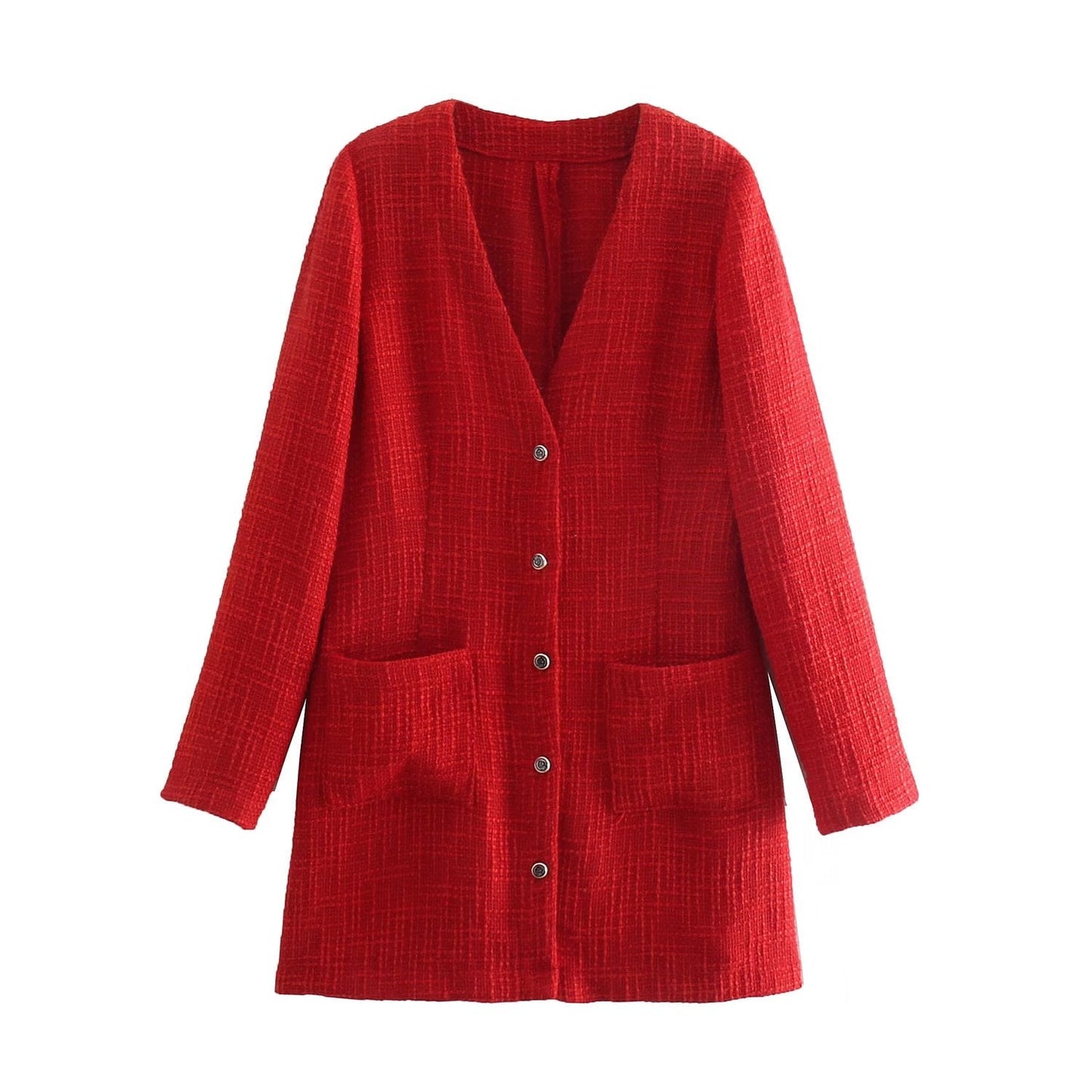 xakxx Women Fashion Two Pocket Red Blazer Coat Loose Jacket Vintage Long Sleeve Female Outerwear Chic Winter Tops