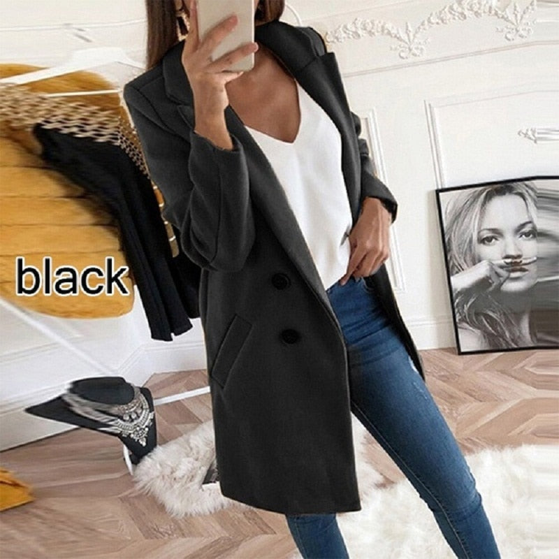 xakxx Women Plus Size Coat Blends Overcoat Autumn Winter Fashion Double Breasted Long Sleeve Casual Oversized Jacket Coat
