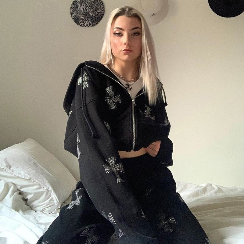 xakxx Hip Hop Sweatshirts Gothic Rhinestone Graphics Jogger Jacket Suit Y2K Long Sleeve Zip Up Oversized Men Punk Hoodie Coat Clothing
