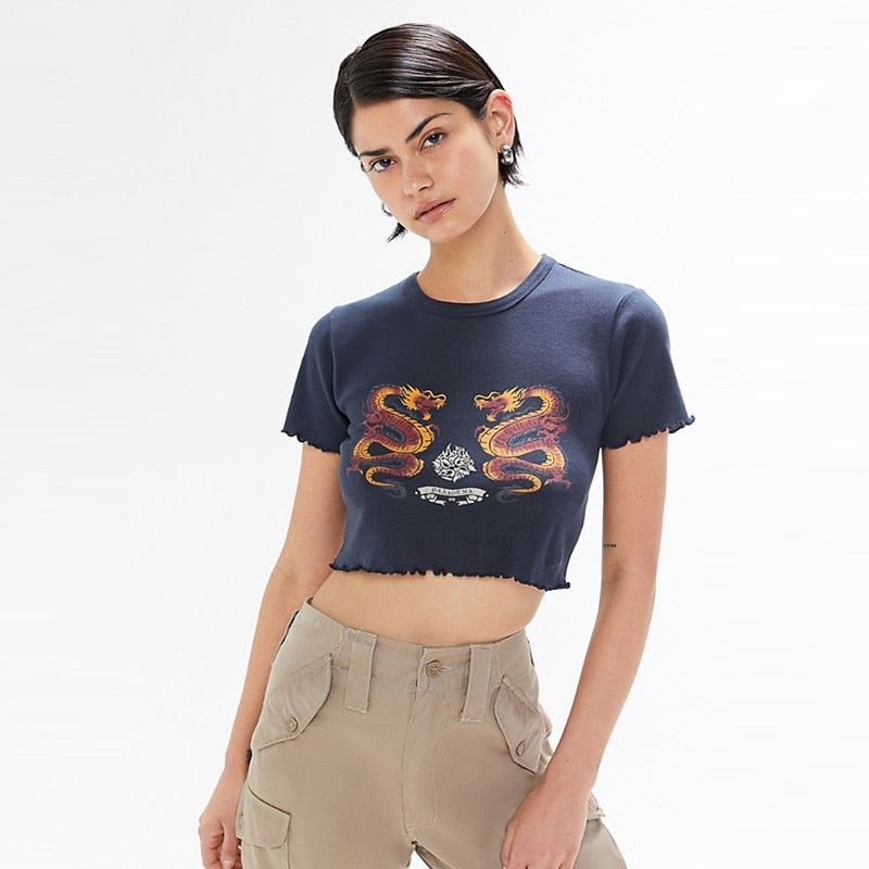 xakxx Navy Blue Tshirt Women Cartoon Tees Summer Tops Fashion Casual Female Oversized Crop T-Shirt Streetwear Summer Vestidos
