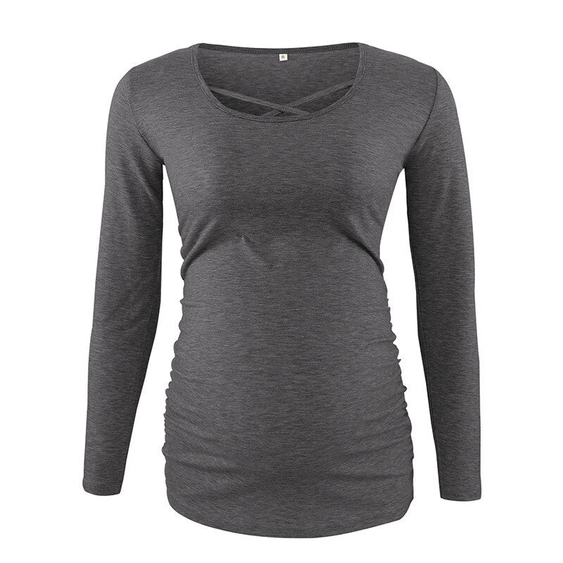 xakxx xakxx 1 Pack SAVE Mama Maternity Top Maternity Clothes Side Ruched O Neck Cross Long Sleeve Pregnancy Blouses Womens C