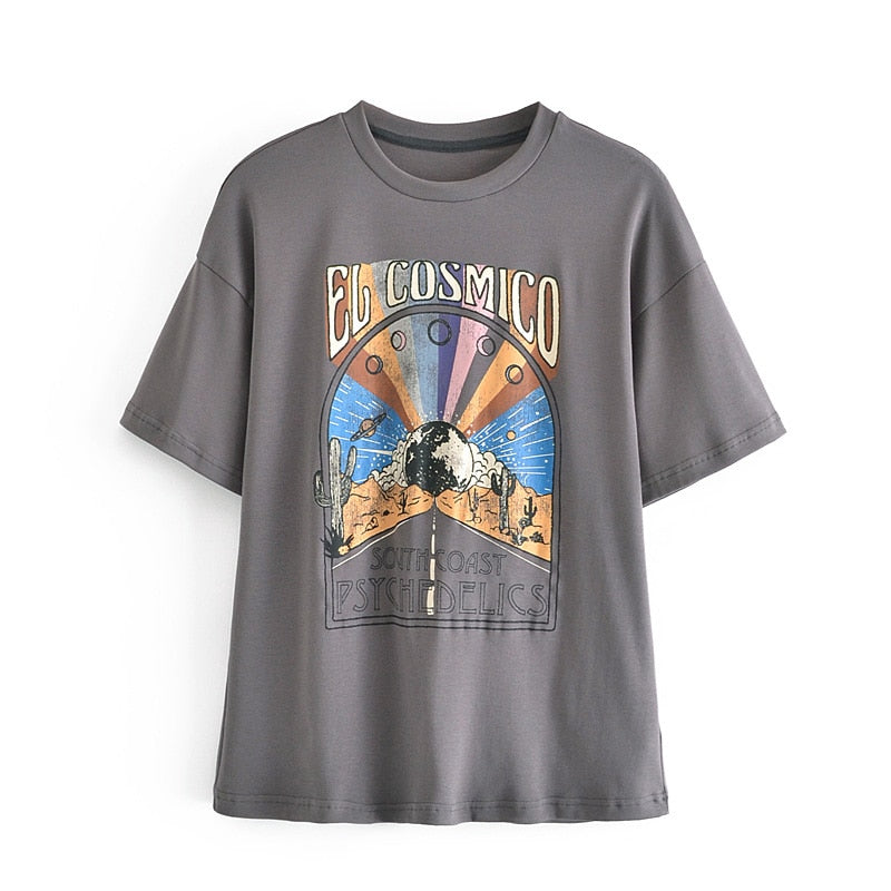 xakxx Spring Summer Baggy Tee Fashion Ribbed Collar For Texture Screen Printed Oversized Fit Cotton Tshirt For Women