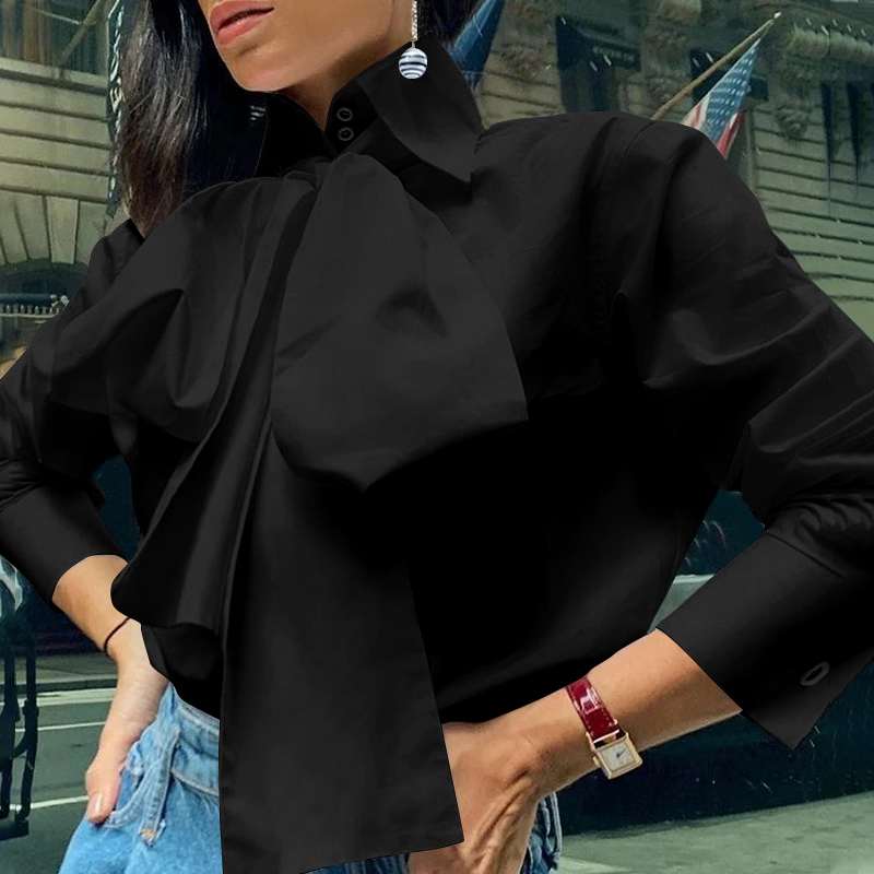 xakxx Women Elegant Bow Tie White Shirts Autumn Long Sleeve Fashion Tops Casual Party Blouse Oversized Blusas Femininas