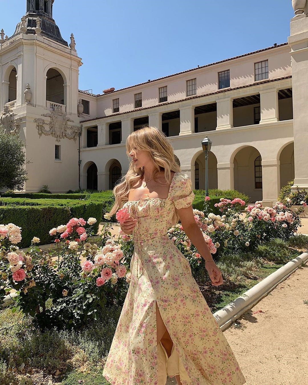 xakxx Women Clothing Summer Fashion Bubble Sleeve Floral Lace-up High Split Long Dress Vestdio Vintage Korean Elegant