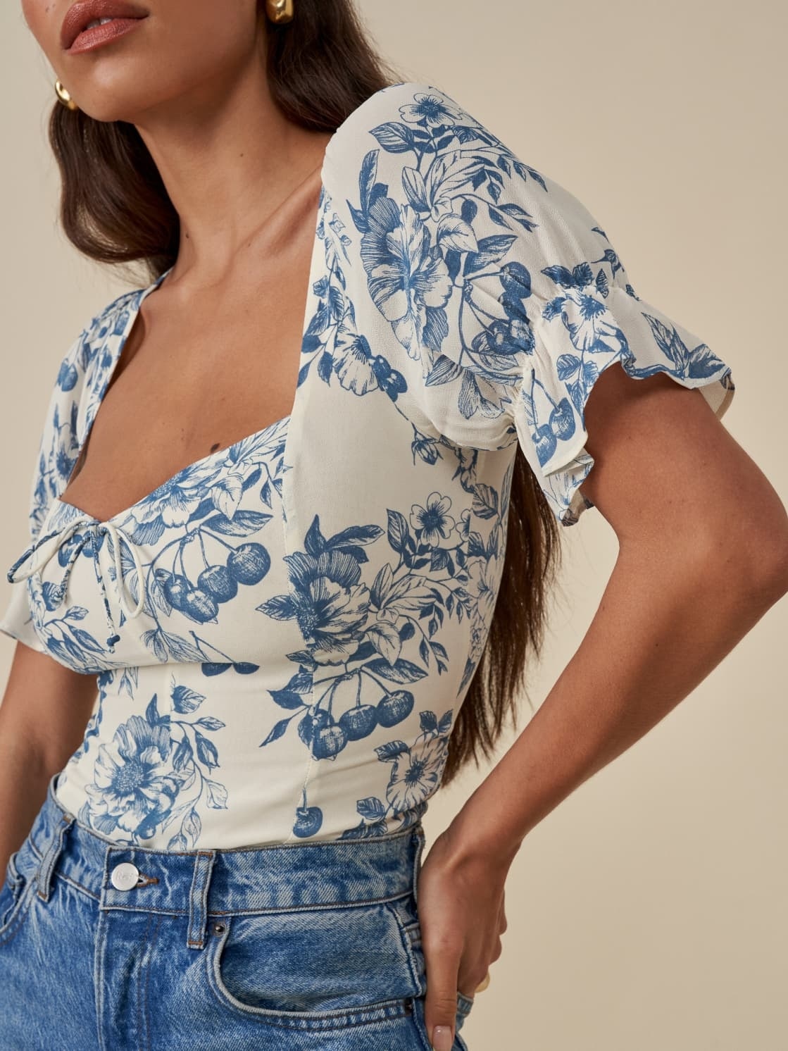 xakxx Vintage Ivory Blue Flower Print Shirt Retro Elastic Ruched Back Square Collar Short Sleeve Short Blouse Tank Top Tops