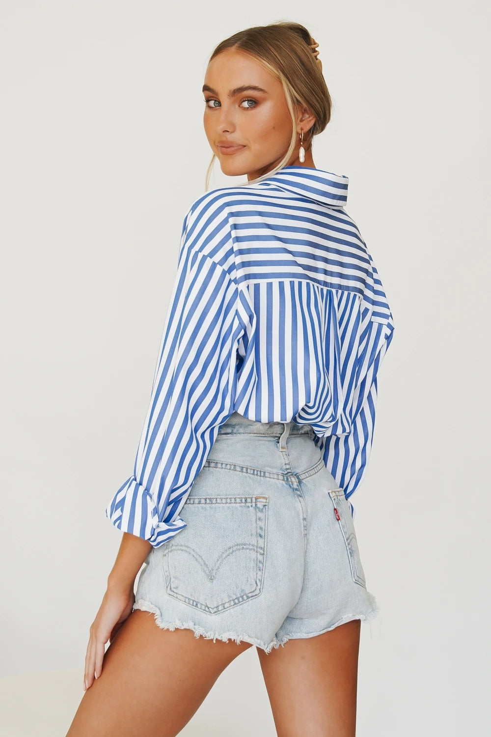 xakxx xakxx Stylish Women's Classic-Fit Long Sleeve Lightweight Button Down Shirt Vertical Stripes Oversize BF Style Top Blouses