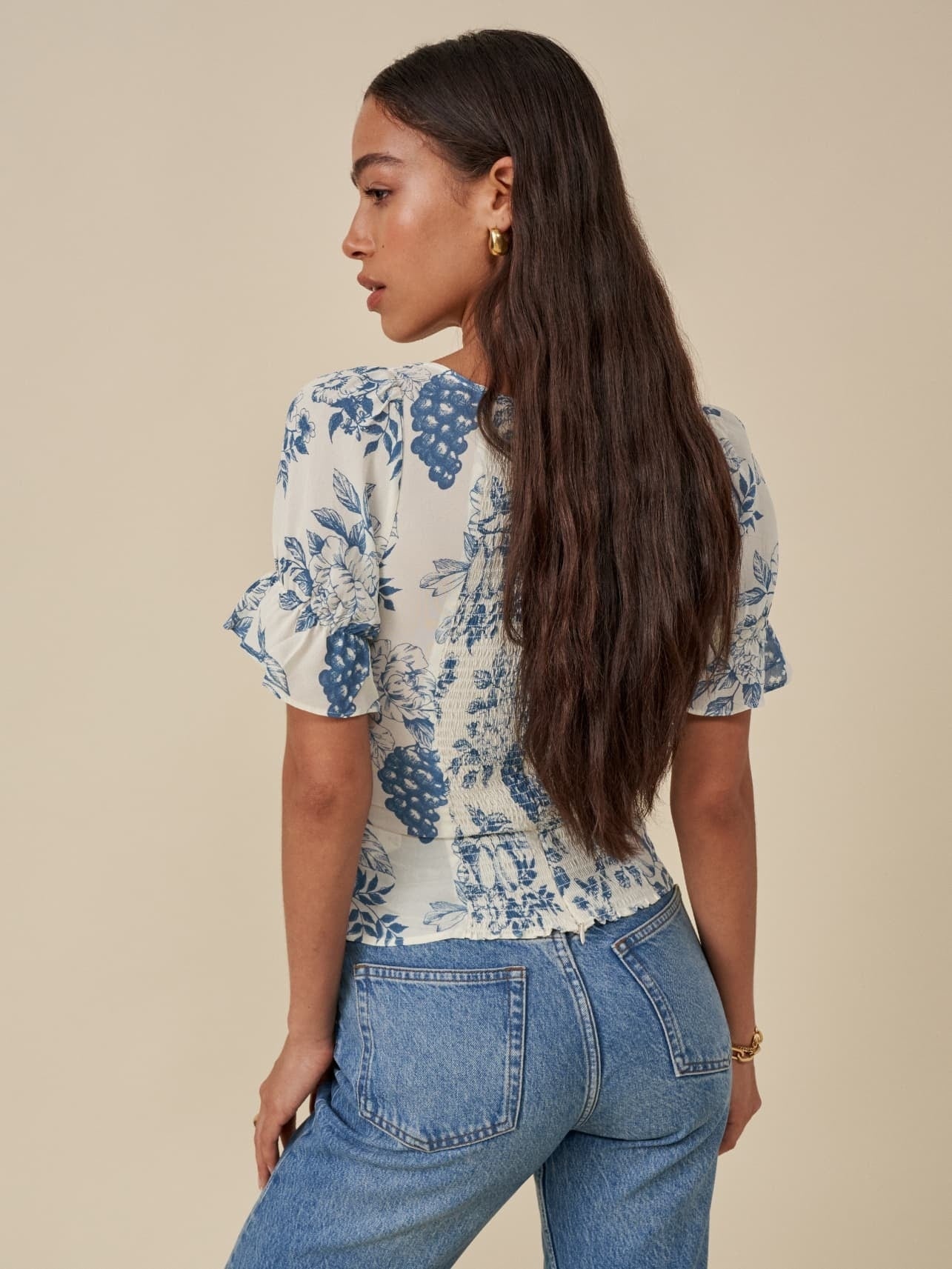 xakxx Vintage Ivory Blue Flower Print Shirt Retro Elastic Ruched Back Square Collar Short Sleeve Short Blouse Tank Top Tops