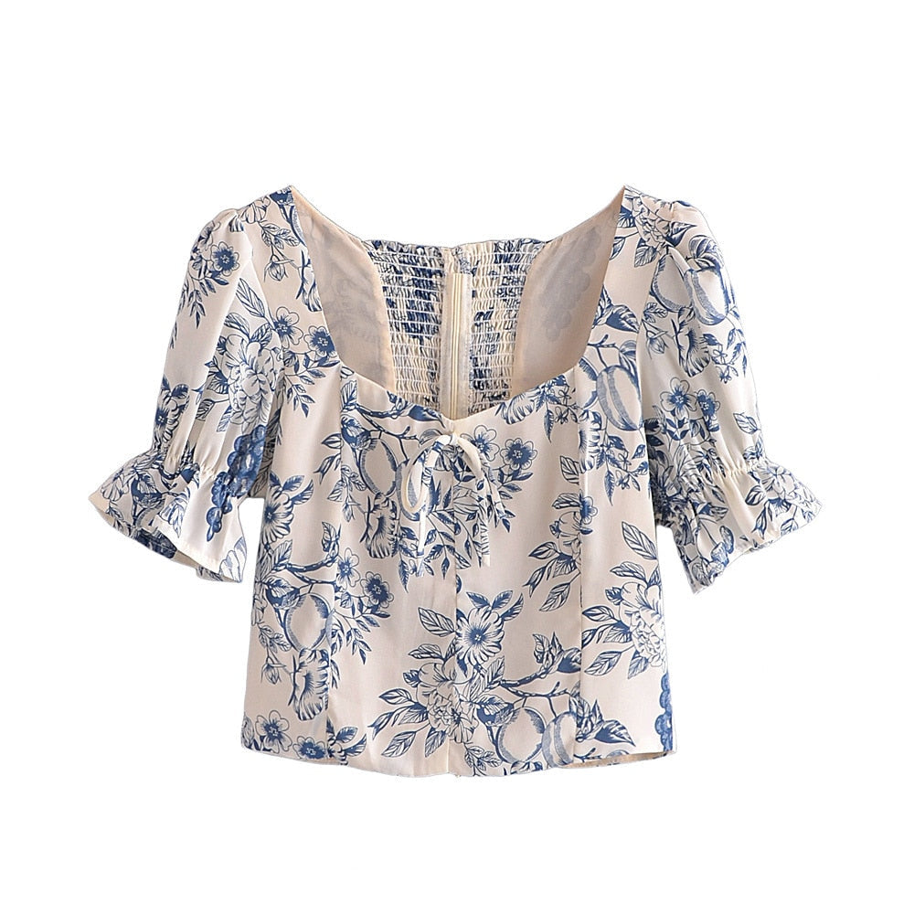 xakxx Vintage Ivory Blue Flower Print Shirt Retro Elastic Ruched Back Square Collar Short Sleeve Short Blouse Tank Top Tops